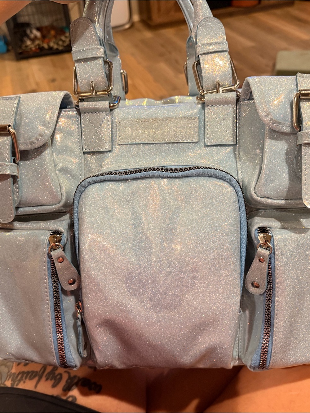 Iridescent Light Blue Glitter Backpack Tote - Women's Sparkle Daypack